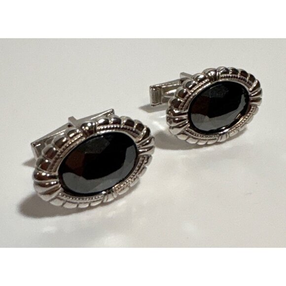Vintage Silver Tone Black Onyx Cufflinks Oval Fathers Day Intricate Details - Picture 2 of 5
